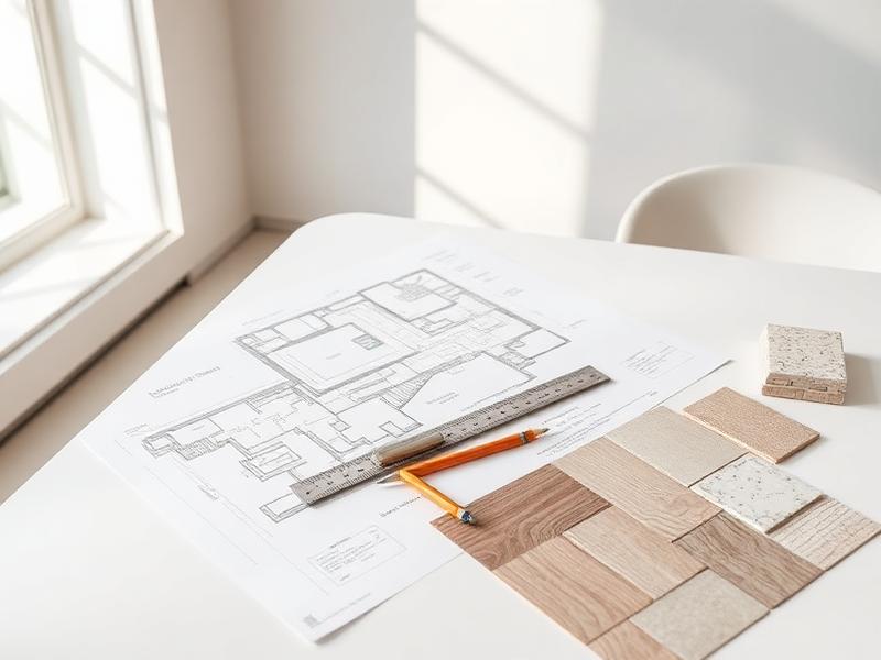 Plans d'architecture et échantillons de matériaux