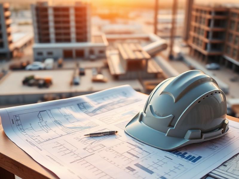 Plans et casque de sécurité sur un chantier